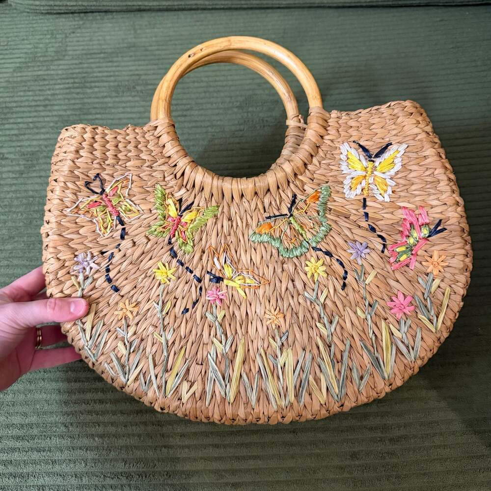 Lord & Taylor Woven Straw Handbag with Embroidered Butterflies and Flowers